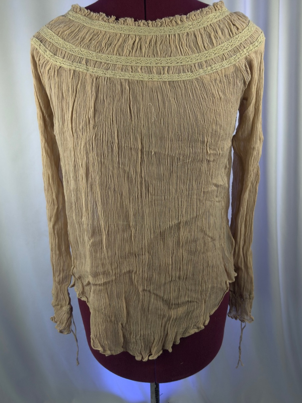 Kimchi Blue Beige Crinkled Long-Sleeve Peasant Blouse